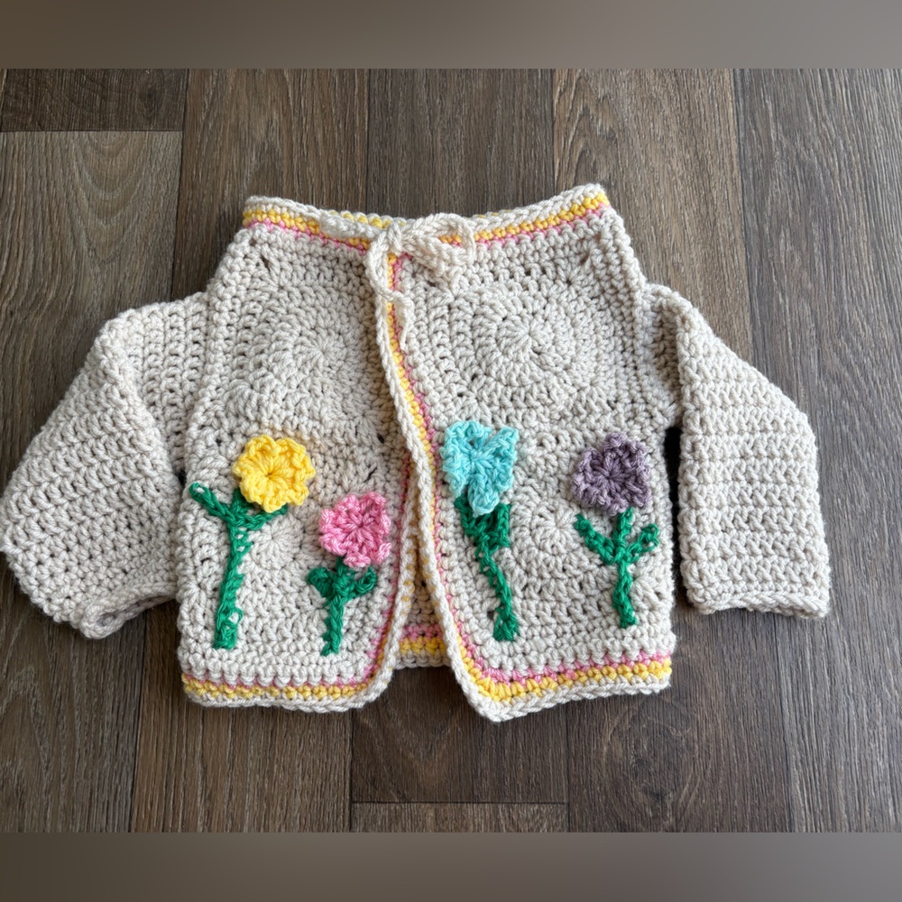 Handmade Crochet toddler girl cardigan with Floral Accents